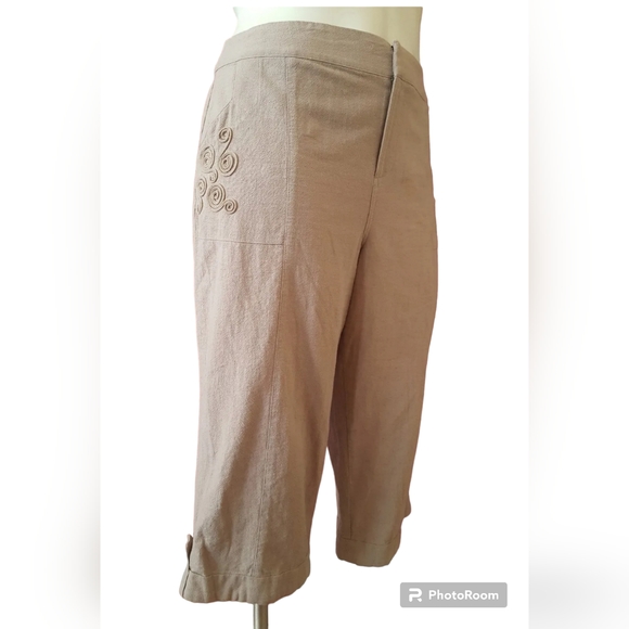 Soft Surroundings Soutache Cropped Capri Cuffed Gauze Pants Tan Size PL New - Picture 2 of 6